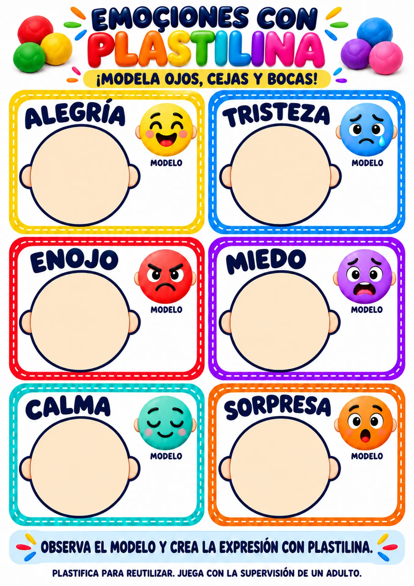 Actividad Emociones con Plastilina para imprimir, con seis caras vacías para que el niño modele expresiones como feliz, triste, enojado y asustado