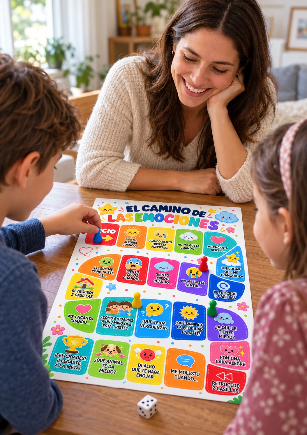 Madre y dos niños jugando juntos al juego El Camino de las Emociones alrededor de la mesa