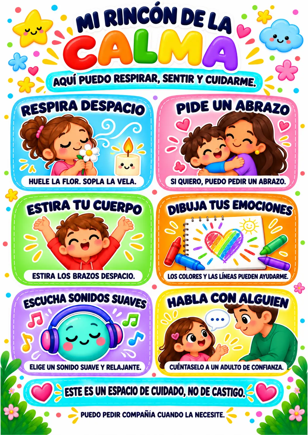 Póster Mi Rincón de la Calma para imprimir, con seis sugerencias para ayudar a los niños a calmarse