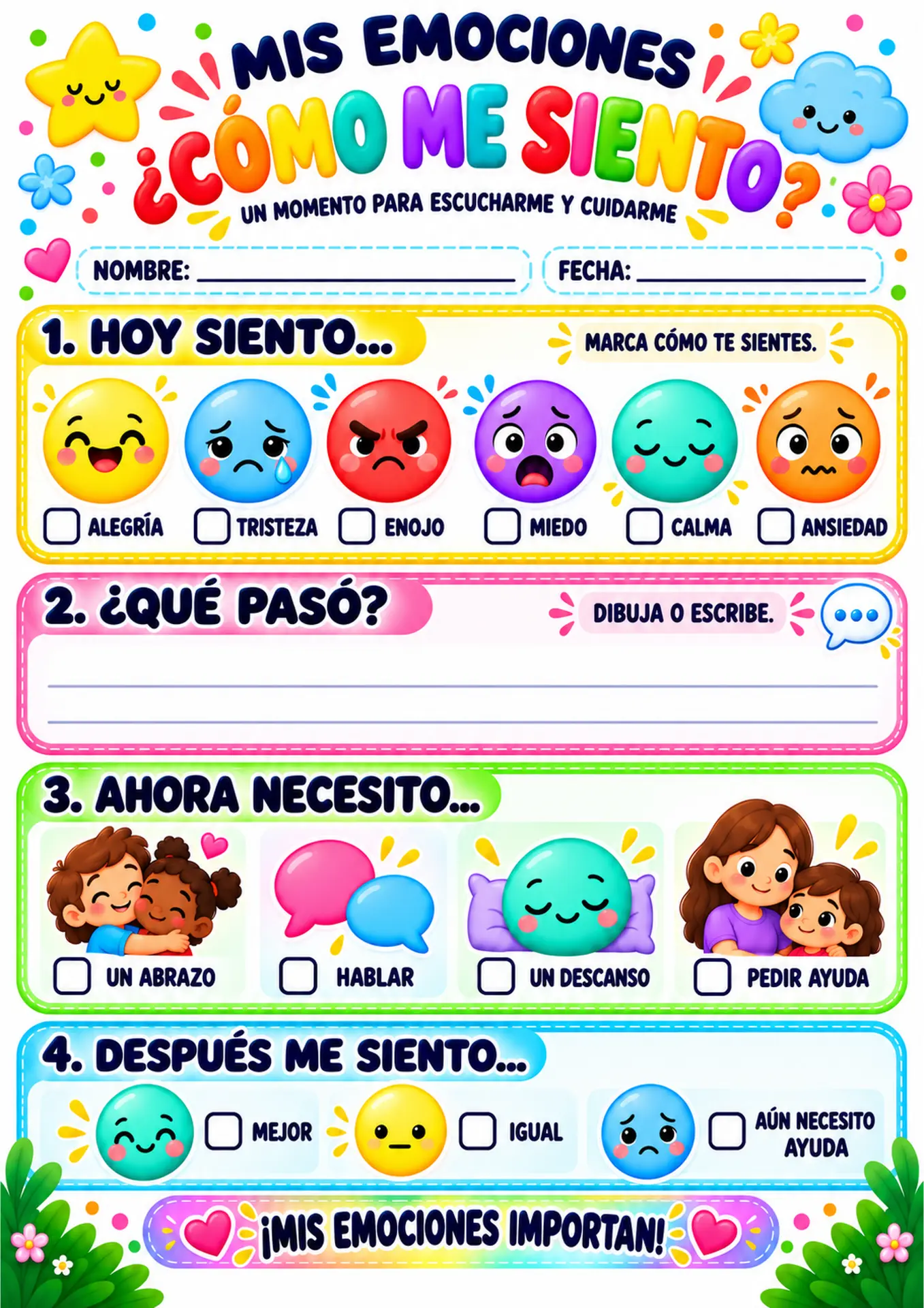 Panel Mi Check-in de Emociones para imprimir, con espacios para que el niño marque lo que siente, cuente qué pasó y diga lo que necesita